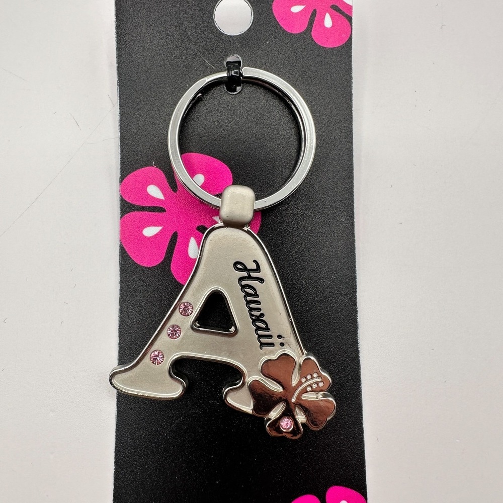 VTG 90s Island Girl Silver Tone Hawaii Initial A Keychain Pink Glass Hibiscus